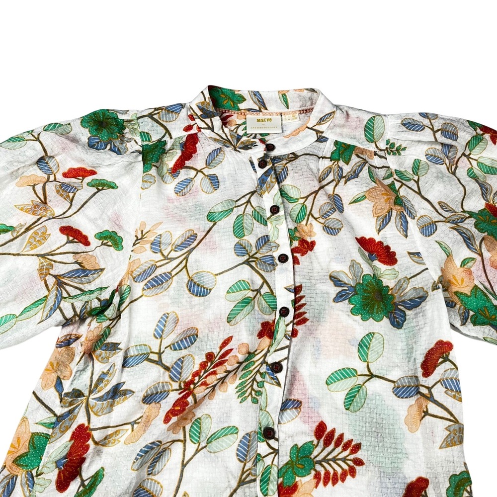 Maeve Anthropologie Floral Puff Sleeve Button Down Blouse White Multi Size 4